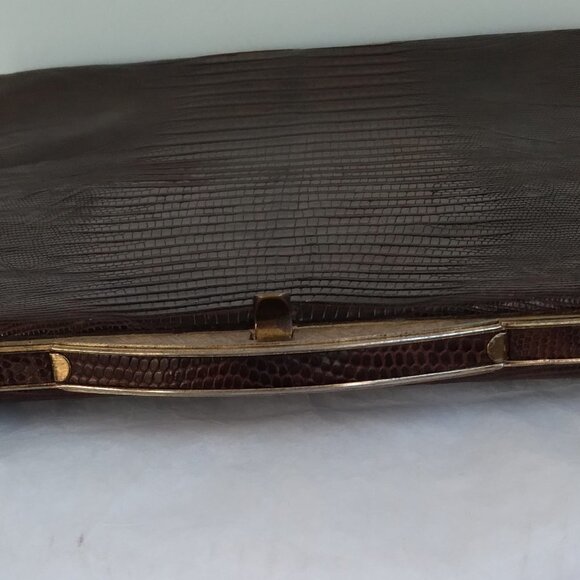 Vintage 1950's/60's Brown Lizard Structured Satchel Handbag - Picture 7 of 12